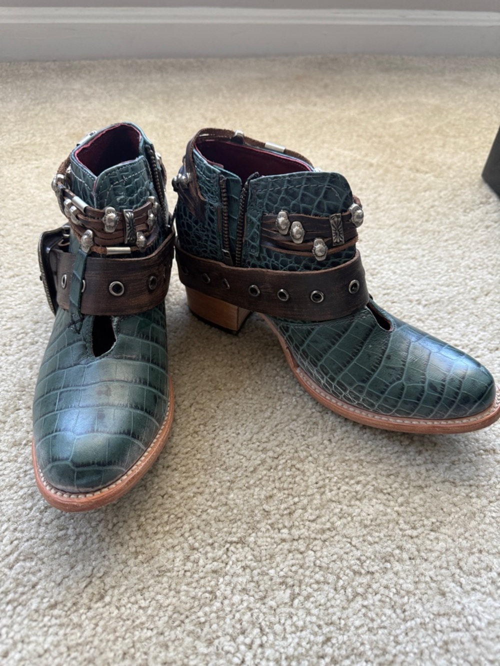 Freebird Turquoise Croc-Embossed Ankle Boots with Brown Decorative Strap - Picture 2 of 5